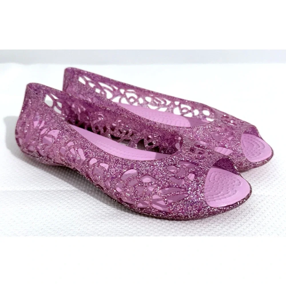 Crocs Isabella Glitter Peep Toe Ballerinas Shoes Girls J 1 Pink Lightweight